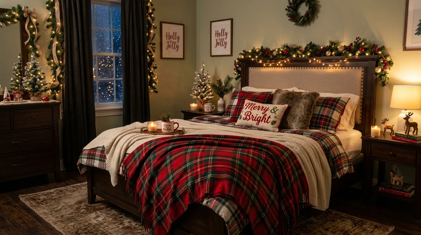 Add candles for a quieter festive glow inspiration for an indoor Christmas setting.